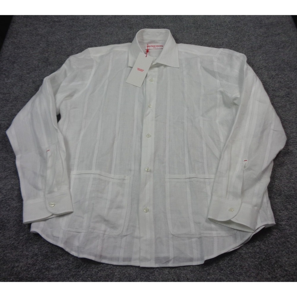 Orlebar Brown Barkley Shirt Linen Flax Shirt Men Large White Pockets Striped NWT